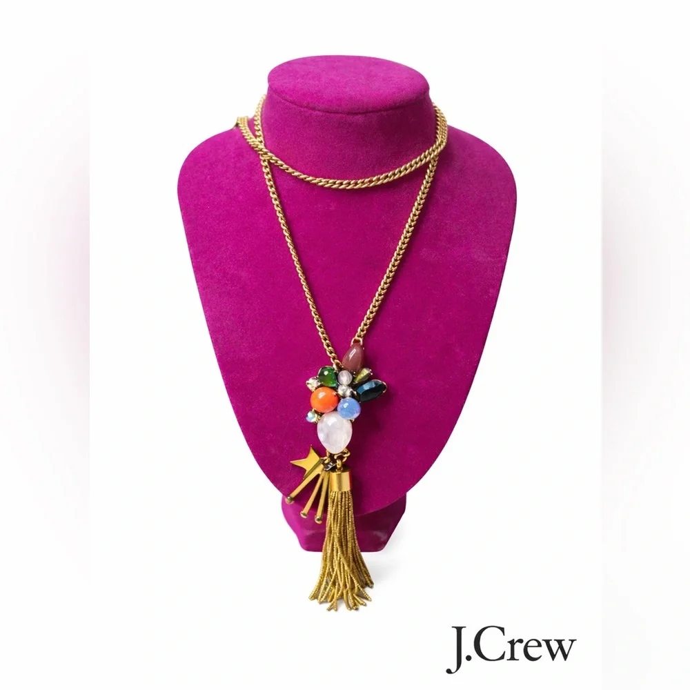 J.Crew Multicolor Gemstone Tassel Necklace Gold Tone Statement Boho Chic OS